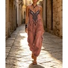 image:imagechouyatou Women Boho Floral Embroidered Denim Overalls Baggy Jean Jumpsuits  Wide Leg Harem Denim Bib OverallsRed