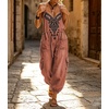 image:imagechouyatou Women Boho Floral Embroidered Denim Overalls Baggy Jean Jumpsuits  Wide Leg Harem Denim Bib OverallsRed