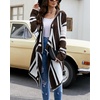 image:imagechouyatou Womens Color Block Vertical Striped Hooded Knit Cardigan Lapel Irregular Hem Drape Open Front Sweater CoatCoffee Brown