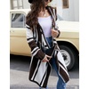 image:imagechouyatou Womens Color Block Vertical Striped Hooded Knit Cardigan Lapel Irregular Hem Drape Open Front Sweater CoatCoffee Brown