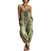 image:imagechouyatou Women Boho Floral Embroidered Denim Overalls Baggy Jean Jumpsuits  Wide Leg Harem Denim Bib OverallsGreen