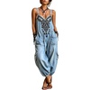 image:imagechouyatou Women Boho Floral Embroidered Denim Overalls Baggy Jean Jumpsuits  Wide Leg Harem Denim Bib OverallsLight Blue