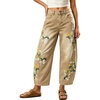 image:imagechouyatou Womens Embroidery Floral Print Barrel Jeans Crop Denim Pants  Ankle PantsWide LegLooseBoyfriendVintageRetroCargoPatchworkY2KBohoBaggyCropped JeansHorseshoeBarrel LegKhaki