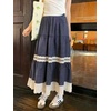 image:imagechouyatou Womens Cute Plaid Ruffle Hem Skirt Hollow Out Eyelet Elastic Waist Swing Midi Long SkirtDark Blue