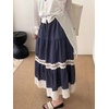 image:imagechouyatou Womens Cute Plaid Ruffle Hem Skirt Hollow Out Eyelet Elastic Waist Swing Midi Long SkirtDark Blue