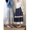 image:imagechouyatou Womens Cute Plaid Ruffle Hem Skirt Hollow Out Eyelet Elastic Waist Swing Midi Long SkirtLight Blue