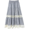 image:imagechouyatou Womens Cute Plaid Ruffle Hem Skirt Hollow Out Eyelet Elastic Waist Swing Midi Long SkirtGray