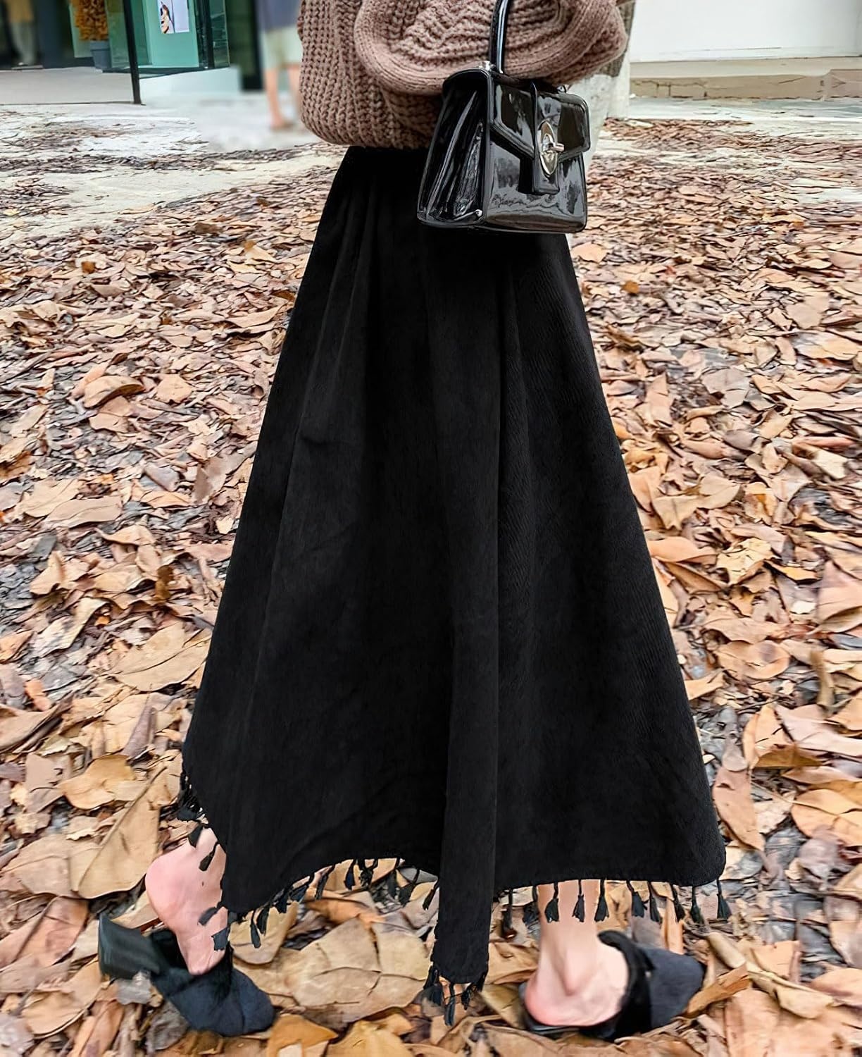 image:imagechouyatou Womens Vintage Tassel Hem Corduroy Skirt High Elastic Waist ALine Swing Midi Long SkirtBlack