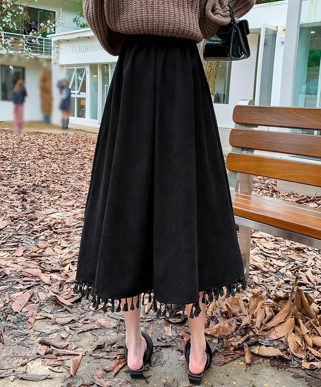 image:imagechouyatou Womens Vintage Tassel Hem Corduroy Skirt High Elastic Waist ALine Swing Midi Long SkirtBlack