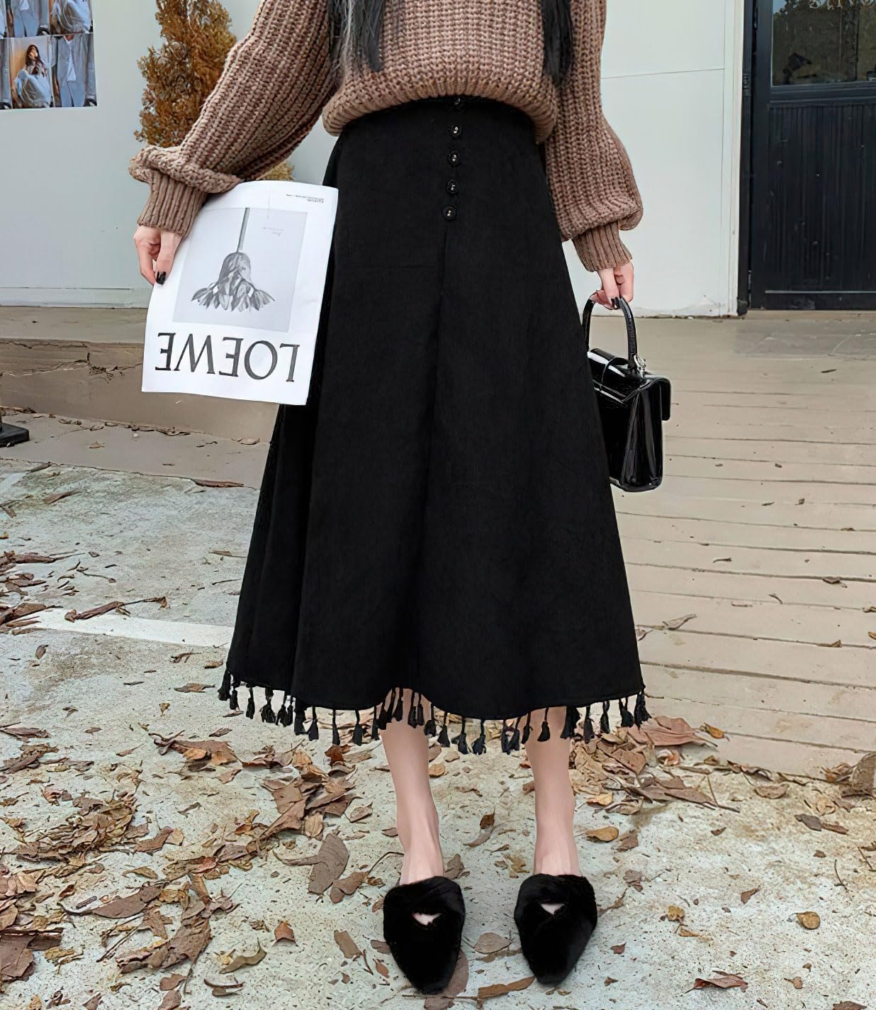 image:imagechouyatou Womens Vintage Tassel Hem Corduroy Skirt High Elastic Waist ALine Swing Midi Long SkirtBlack