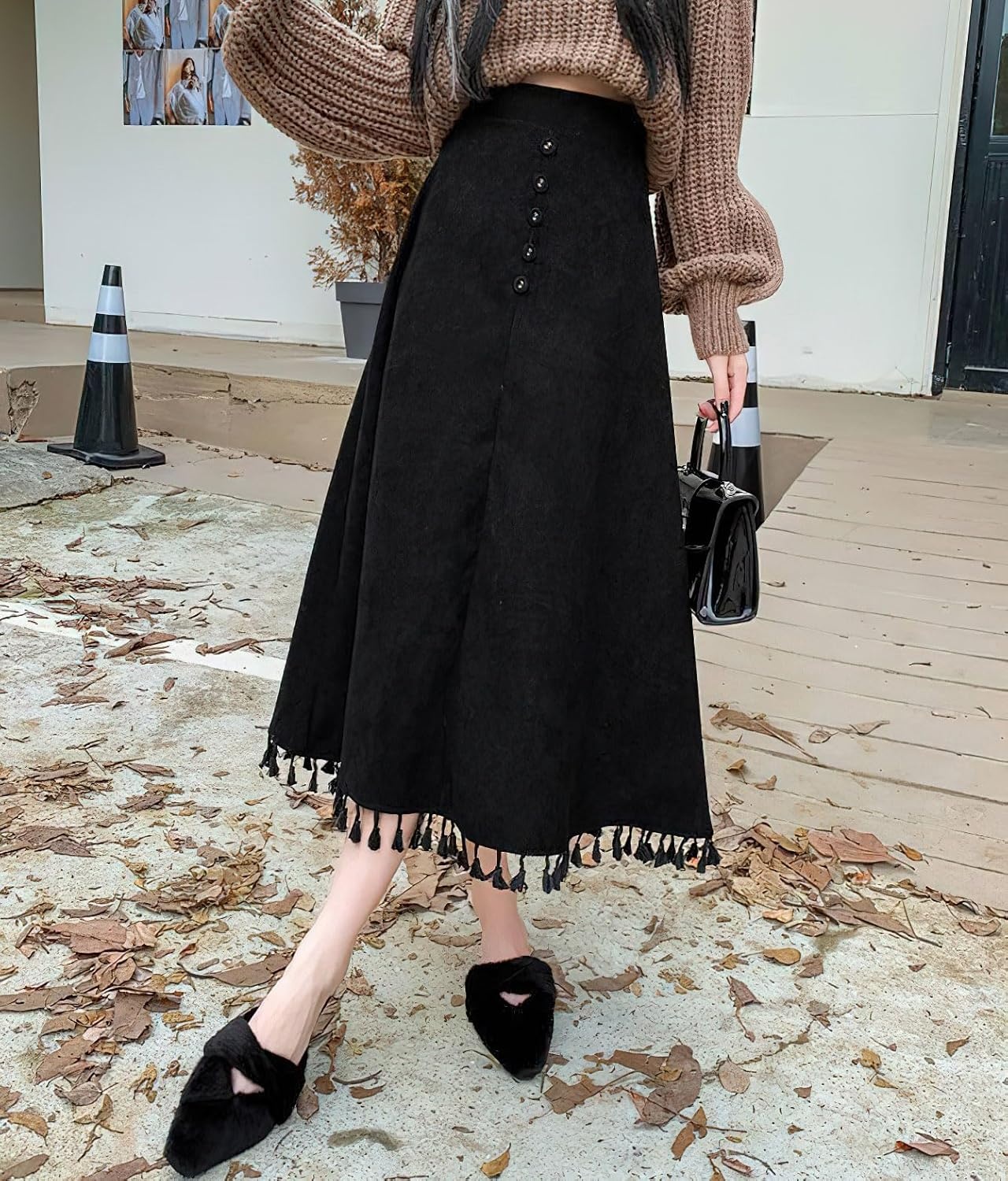 image:imagechouyatou Womens Vintage Tassel Hem Corduroy Skirt High Elastic Waist ALine Swing Midi Long SkirtBlack