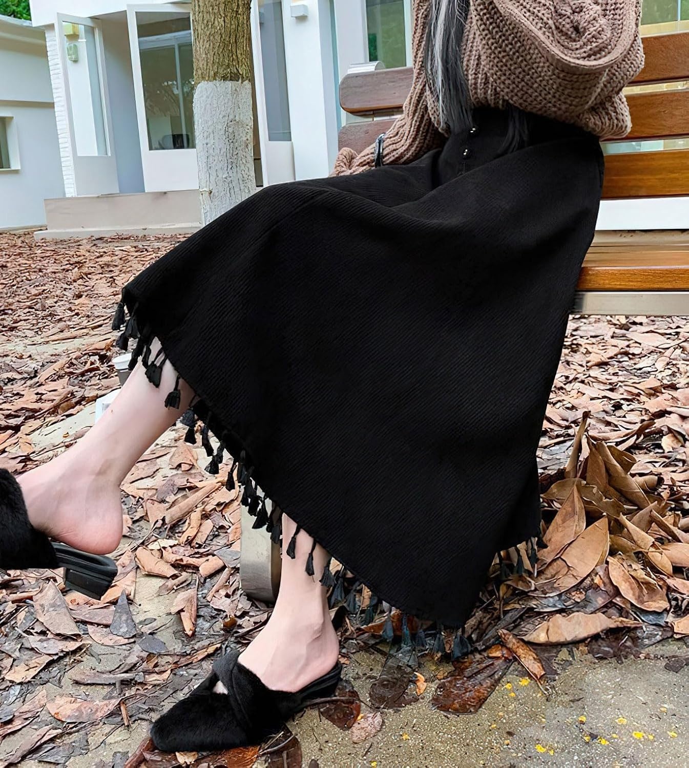 image:imagechouyatou Womens Vintage Tassel Hem Corduroy Skirt High Elastic Waist ALine Swing Midi Long SkirtBlack