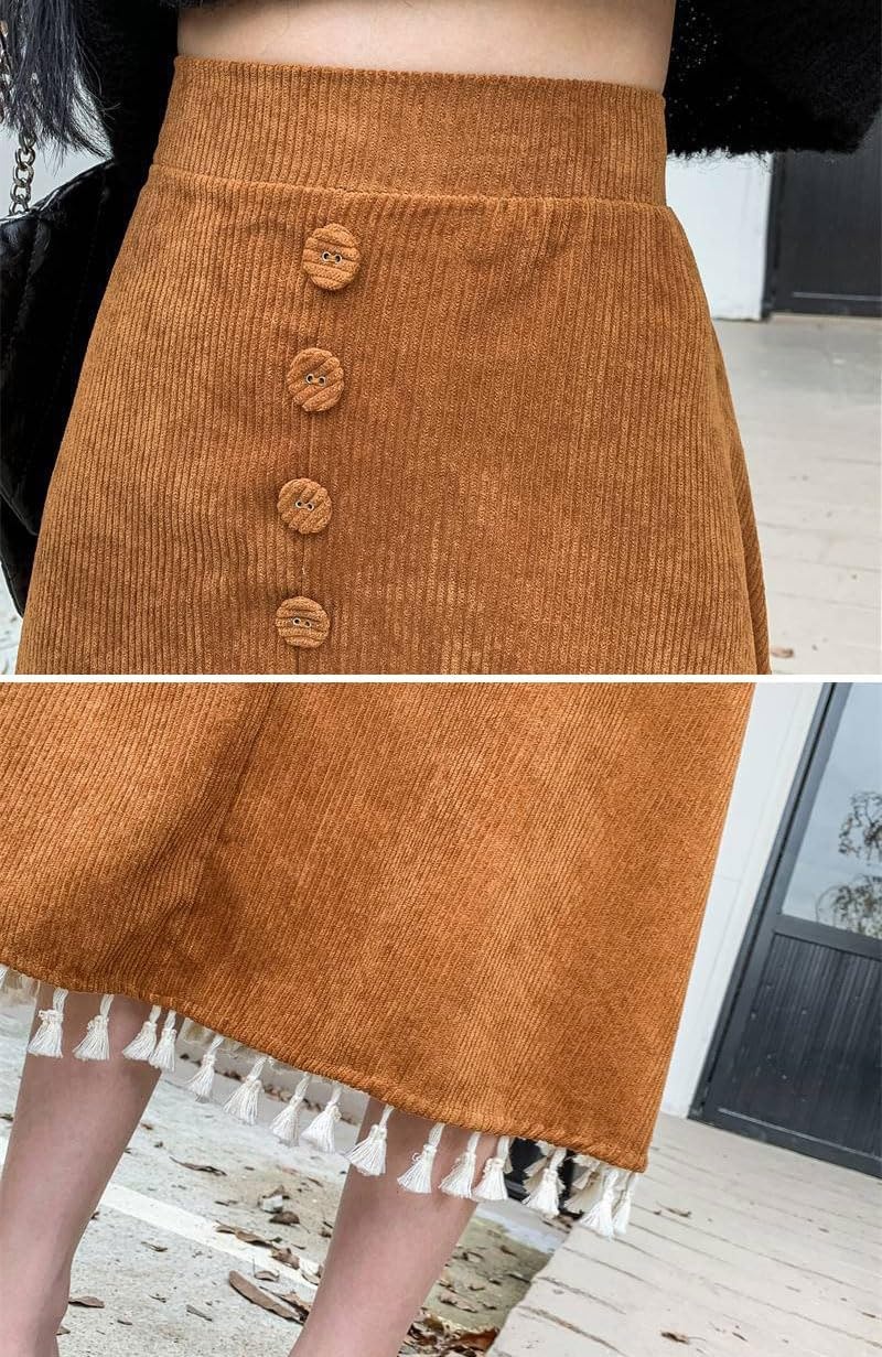 image:imagechouyatou Womens Vintage Tassel Hem Corduroy Skirt High Elastic Waist ALine Swing Midi Long SkirtBrown