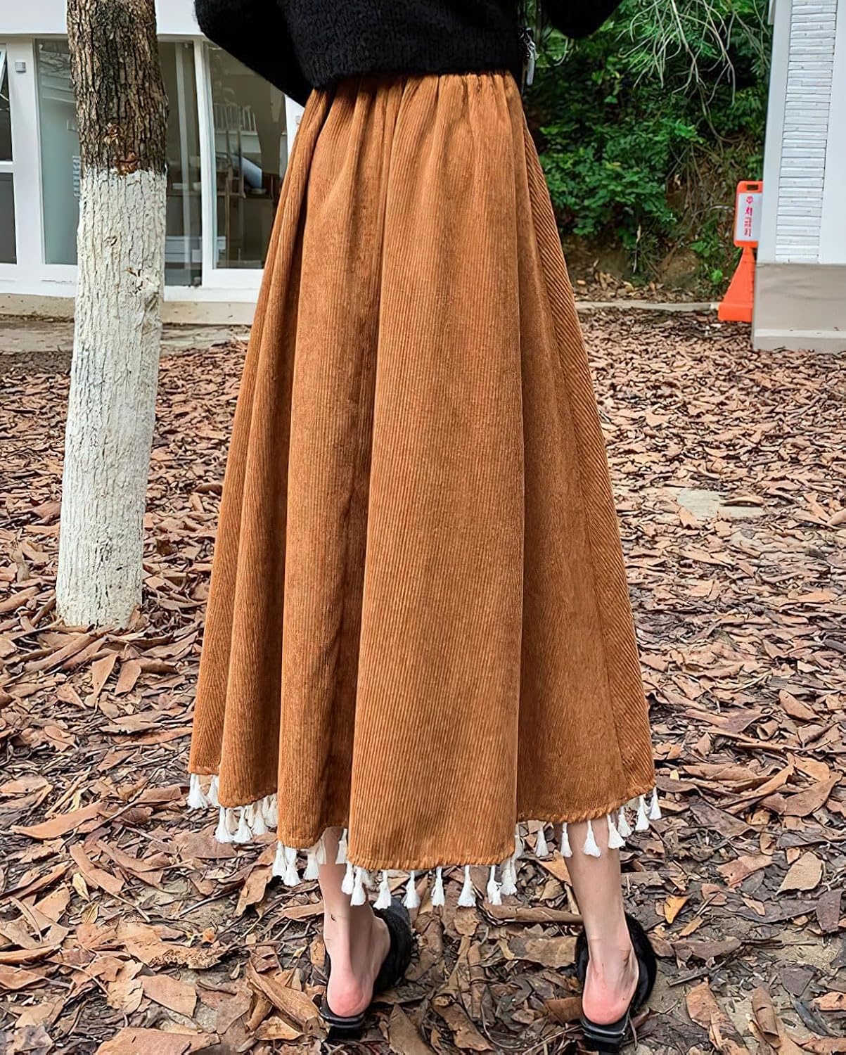 image:imagechouyatou Womens Vintage Tassel Hem Corduroy Skirt High Elastic Waist ALine Swing Midi Long SkirtBrown
