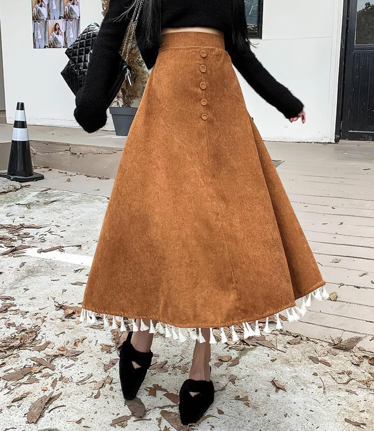 image:imagechouyatou Womens Vintage Tassel Hem Corduroy Skirt High Elastic Waist ALine Swing Midi Long SkirtBrown