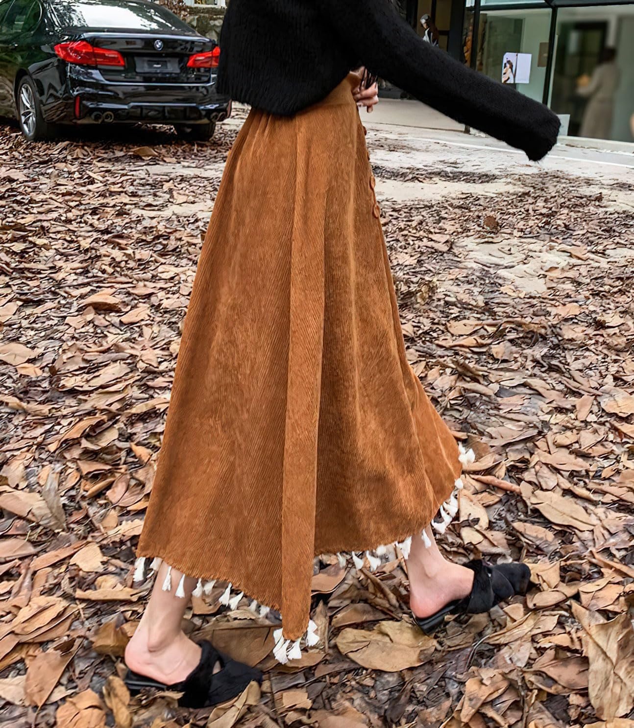 image:imagechouyatou Womens Vintage Tassel Hem Corduroy Skirt High Elastic Waist ALine Swing Midi Long SkirtBrown