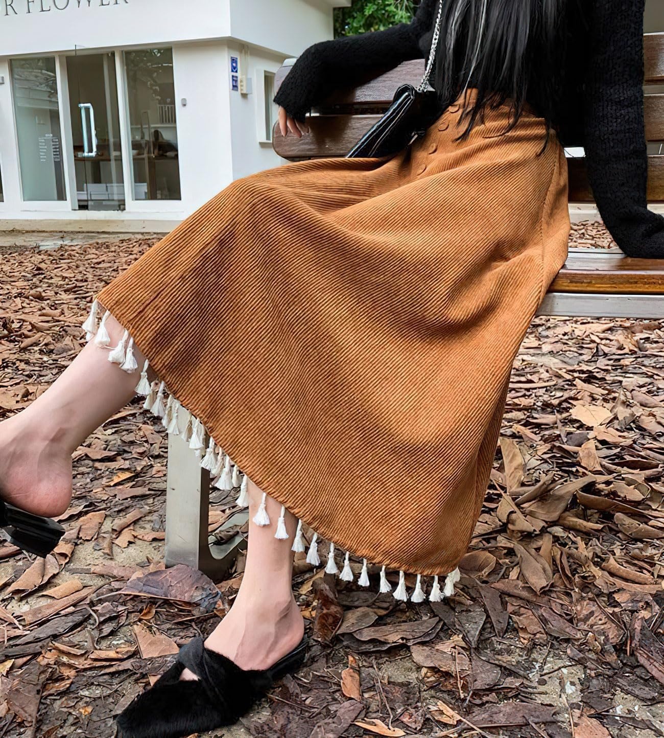 image:imagechouyatou Womens Vintage Tassel Hem Corduroy Skirt High Elastic Waist ALine Swing Midi Long SkirtBrown