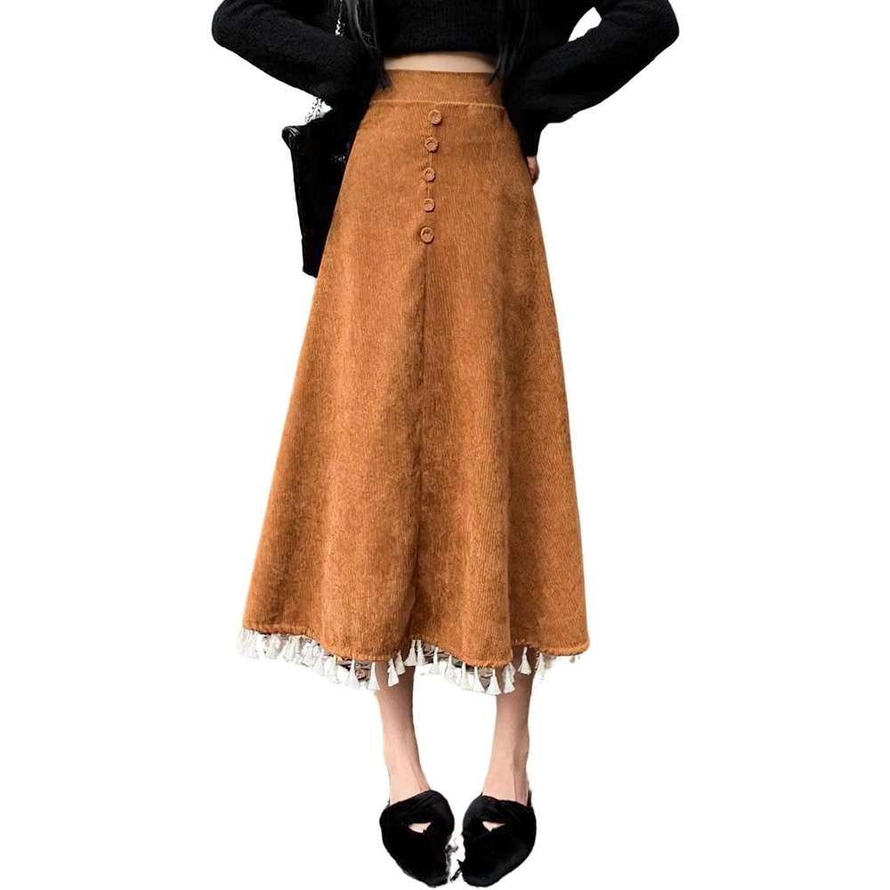 image:imagechouyatou Womens Vintage Tassel Hem Corduroy Skirt High Elastic Waist ALine Swing Midi Long SkirtBrown