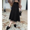 image:imagechouyatou Womens Vintage Tassel Hem Corduroy Skirt High Elastic Waist ALine Swing Midi Long SkirtBlack