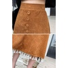 image:imagechouyatou Womens Vintage Tassel Hem Corduroy Skirt High Elastic Waist ALine Swing Midi Long SkirtBrown