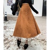 image:imagechouyatou Womens Vintage Tassel Hem Corduroy Skirt High Elastic Waist ALine Swing Midi Long SkirtBrown