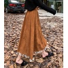 image:imagechouyatou Womens Vintage Tassel Hem Corduroy Skirt High Elastic Waist ALine Swing Midi Long SkirtBrown