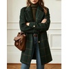 image:imagechouyatou Womens Winter Notched Collar Mid Long Plaid Wool Trench CoatGreen