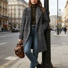 image:imagechouyatou Womens Winter Notched Collar Mid Long Plaid Wool Trench CoatGrey