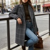image:imagechouyatou Womens Winter Notched Collar Mid Long Plaid Wool Trench CoatGrey