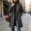 image:imagechouyatou Womens Winter Notched Collar Mid Long Plaid Wool Trench CoatGrey