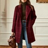 image:imagechouyatou Womens Winter Notched Collar Mid Long Plaid Wool Trench CoatRed