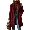 image:imagechouyatou Womens Winter Notched Collar Mid Long Plaid Wool Trench CoatRed