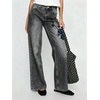 image:imagechouyatou Women Embroidered Straight Leg Jeans Baggy Floral Wide Leg PantsBlack
