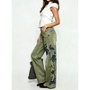image:imagechouyatou Women Embroidered Straight Leg Jeans Baggy Floral Wide Leg PantsGreen