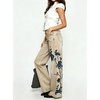 image:imagechouyatou Women Embroidered Straight Leg Jeans Baggy Floral Wide Leg PantsKhaki