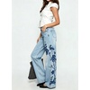 image:imagechouyatou Women Embroidered Straight Leg Jeans Baggy Floral Wide Leg PantsLight Blue