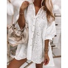 image:imagechouyatou Womens Boho Lapel Lace Crochet Eyelet Button Down Shirt Mini Dress Irregular Tunic ShirtsWhite