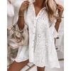 image:imagechouyatou Womens Boho Lapel Lace Crochet Eyelet Button Down Shirt Mini Dress Irregular Tunic ShirtsWhite