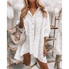 image:imagechouyatou Womens Boho Lapel Lace Crochet Eyelet Button Down Shirt Mini Dress Irregular Tunic ShirtsWhite