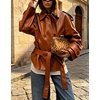 image:imagechouyatou Womens Casual Moto Belted Faux Leather Jacket Short Trench CoatOrange