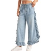 image:imagechouyatou Women Camo Ruffle Wide Leg Jeans Baggy Y2K Cropped Ankle PantsLight Blue