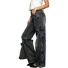 image:imagechouyatou Women Embroidered Straight Leg Jeans Baggy Floral Wide Leg PantsBlack