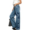 image:imagechouyatou Women Embroidered Straight Leg Jeans Baggy Floral Wide Leg PantsBlue