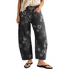 image:imagechouyatou Women Floral Barrel Jeans High Waist Cropped Wide Leg Denim PantBlack
