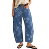 image:imagechouyatou Women Floral Barrel Jeans High Waist Cropped Wide Leg Denim PantBlue