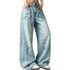 image:imagechouyatou Womens Baggy Jeans Floral Embroidery Wide Leg Denim PantsLight Blue