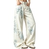image:imagechouyatou Womens Baggy Jeans Floral Embroidery Wide Leg Denim PantsWhite