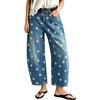 image:imagechouyatou Womens Boho Floral Barrel Jeans High Waisted Denim Ankle PantsBlue