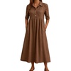 image:imagechouyatou Womens Casual Button Up Polo Collar Shirt Dress Short Sleeve Midi Long Dress with PocketsBrown