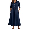 image:imagechouyatou Womens Casual Button Up Polo Collar Shirt Dress Short Sleeve Midi Long Dress with PocketsNavy